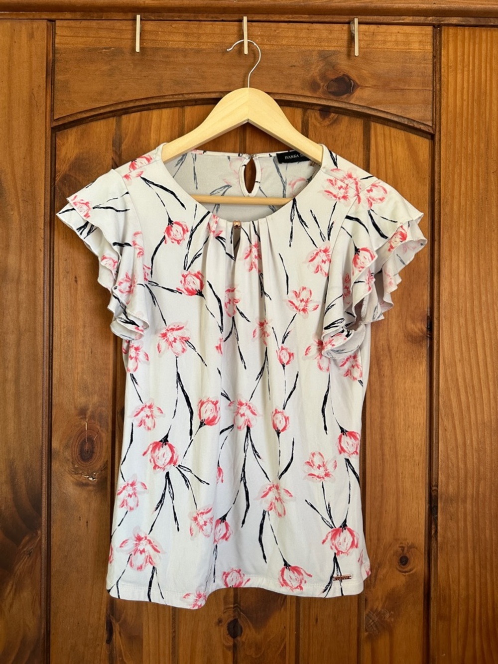 Ivanka Trump Cream Floral Flutter-Sleeve Blouse with Pink Accents